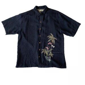 Tommy Bahama 100% Silk Button Down Shirt Black Size L Textured Embroidered